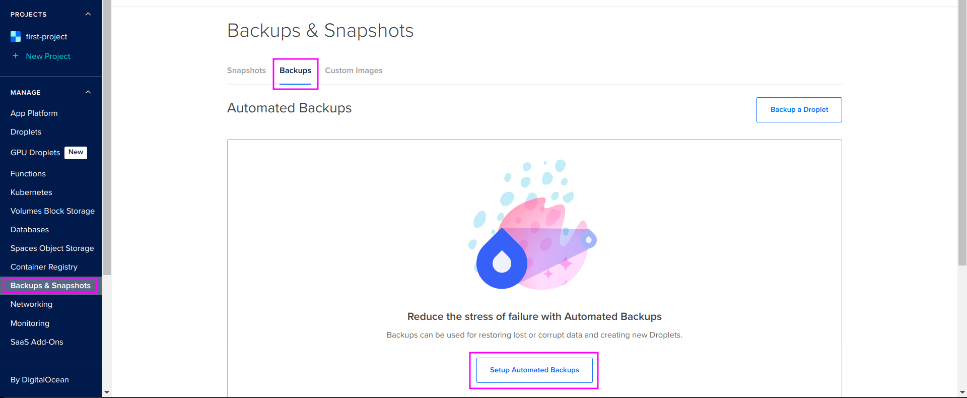 Capture of DigitalOcean, Manage, Backups & Snapshots page. "Backups" and "Setup Automated Backups" highlighted in purple.