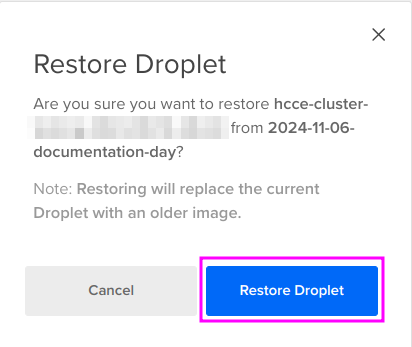 Capture of DigitalOcean, Manage, Backups & Snapshots page. "Snapshots" tab. Restore droplet popup with "Restore droplet" blue button highlighted in purple.