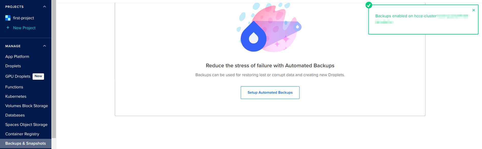 Capture of DigitalOcean, Manage, Backups & Snapshots, Enable Automated Backups page. Notification briefly appears in upper right corner with green text.