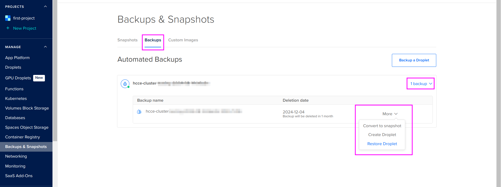 Capture of DigitalOcean, Manage, Backups & Snapshots page. "Backups tab. More menu highlighted in purple. Choices are Convert to snapshot, Create Droplet, and Restore Droplet. "1 Backup" also highlighted in purple.