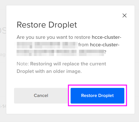 Capture of DigitalOcean, Manage, Backups & Snapshot page. "Backups" tab. Restore droplet popup with "Restore droplet" blue button highlighted in purple.