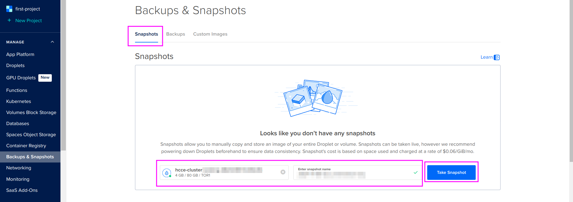 Capture of DigitalOcean, Manage, Backups & Snapshots page. "Snapshots", with the droplet name blurred.  "Take Snapshot" highlighted in purple.