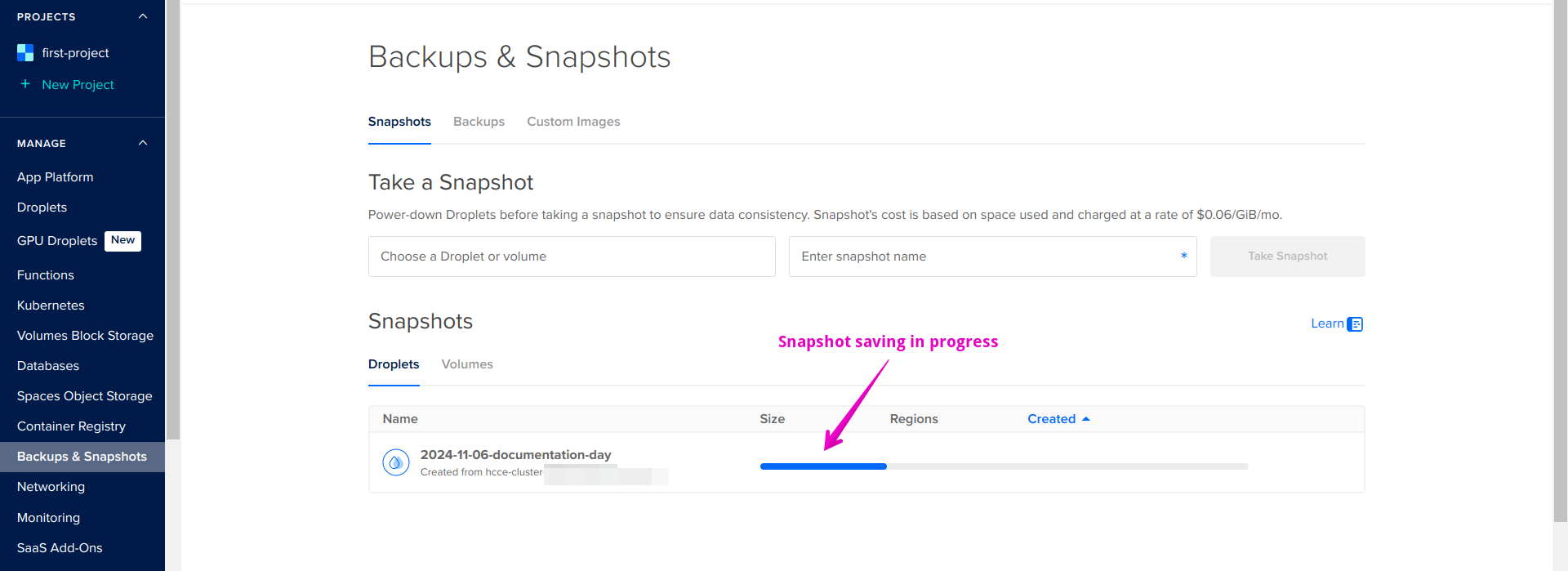 Capture of DigitalOcean, Manage, Backups & Snapshots page. For Snapshots, a blue progress bar shows the progress of saving the droplet.