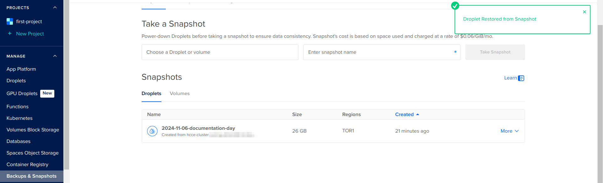 Capture of DigitalOcean, Manage, Backups & Snapshots, Shapshots page. Notification briefly appears in upper right corner with green text.