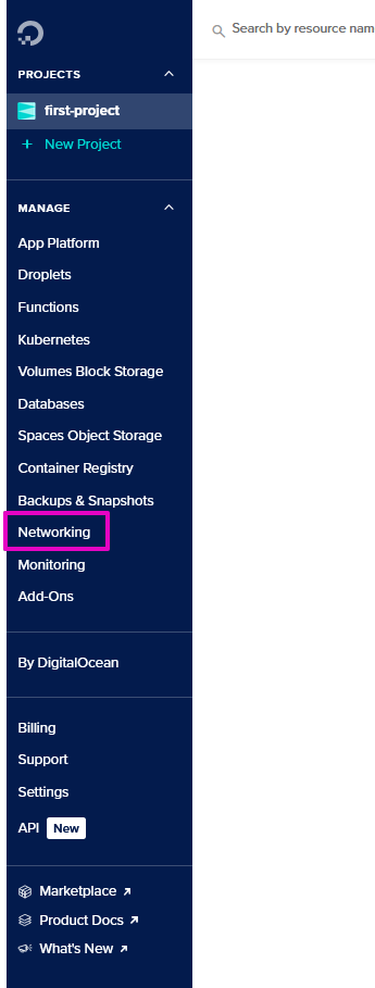 Capture from DigitalOcean, MANAGE menu. "Networking" highlighted with purple.