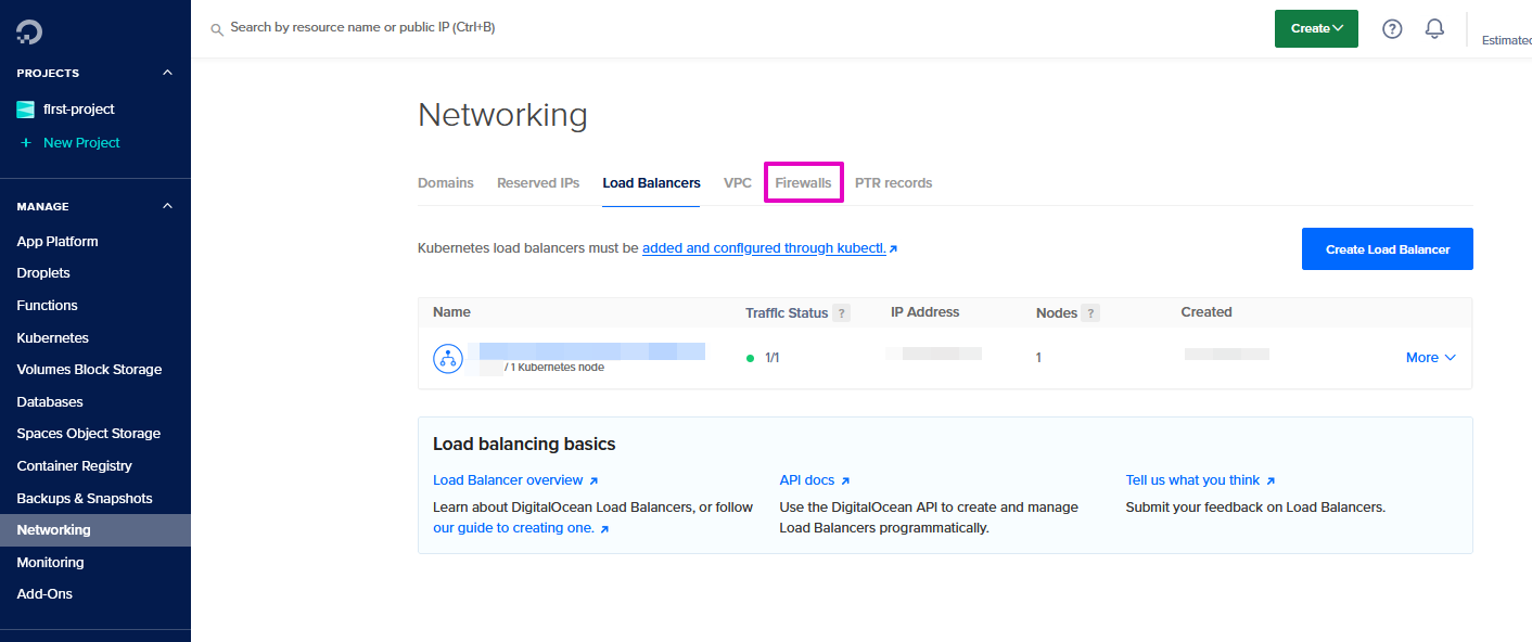 Capture from DigitalOcean, Networking page. "Firewalls" tab highlighted with purple.
