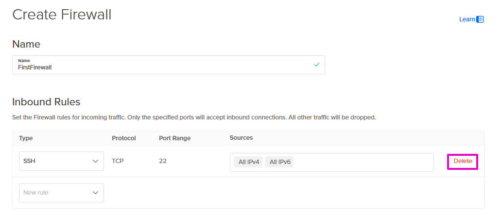 Capture from DigitalOcean, Networking, Create Firewall page. For Inbound Rules, SSH, TCP, 22, "Delete" highlighted with purple.