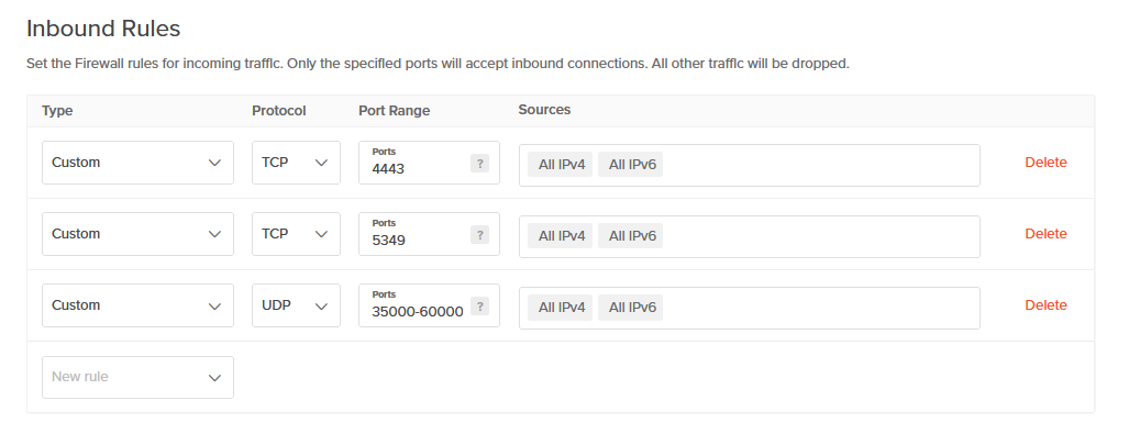 Capture from DigitalOcean, Networking, Create Firewall page. For Inbound Rules, values entered for TCP Port 4443, TCP Port 5329, and UDP Ports 35000-60000.
