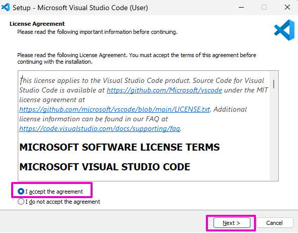 Capture of Setup, Microsoft Visual Studio Code (User) License Agreement. Radio button for I accept the agreement on lower left highlighted in purple. Next button in lower right highlighted in  purple.