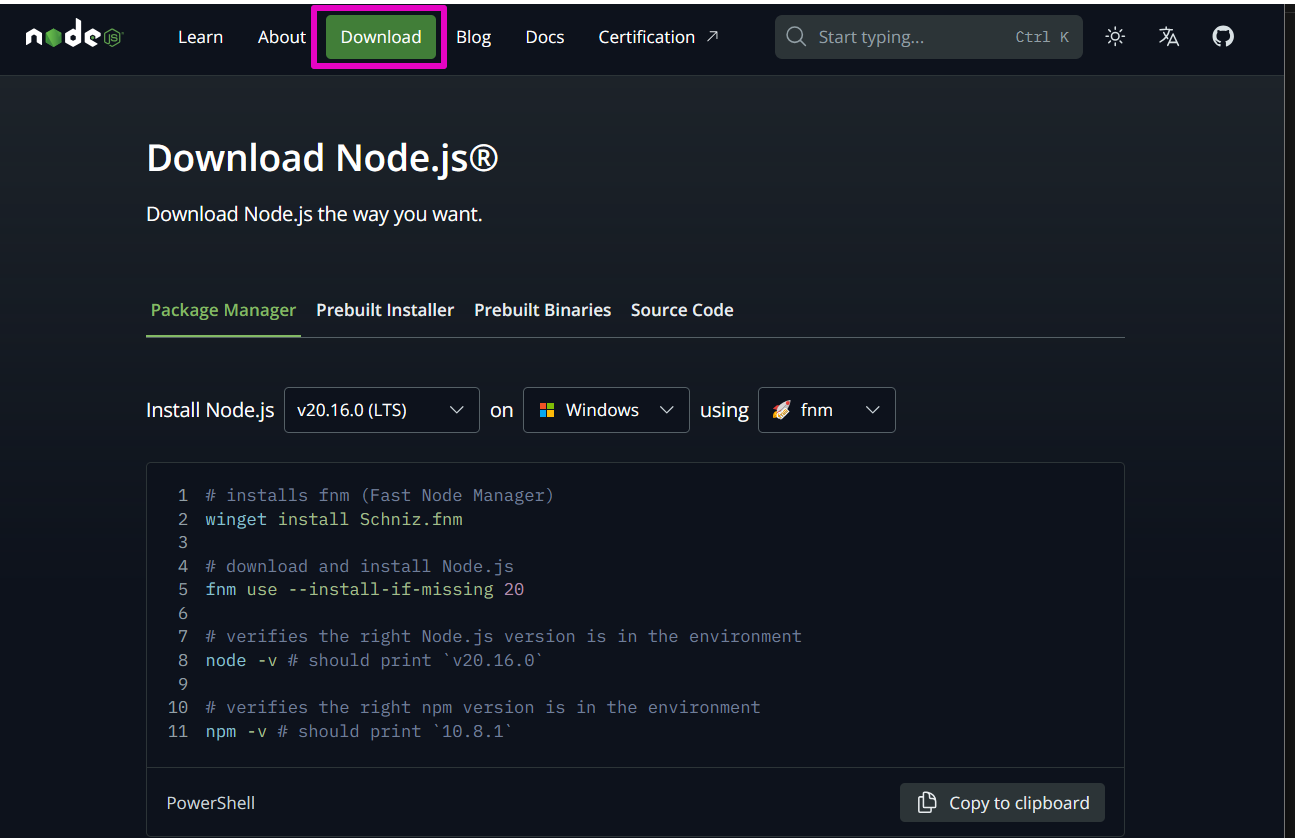 Capture of Node.js home page. Download green button is highlighted with purple.