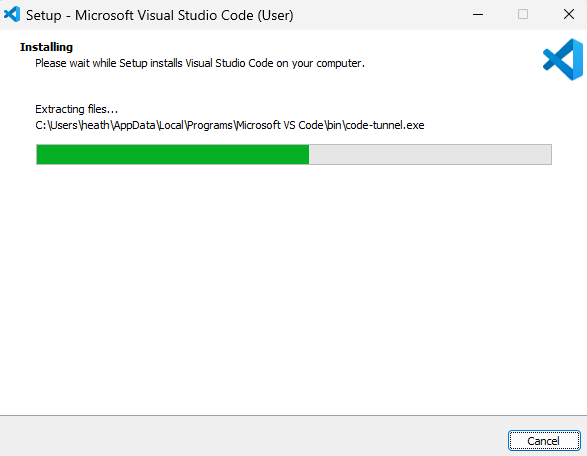 Capture of Setup notification screen, Installing. Green bar in middle of screen shows progress.