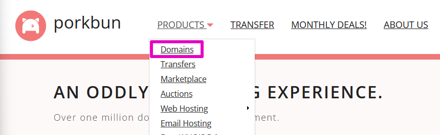 Capture of Porkbun, Products menu with Domains as first choice down from the top, highlighted in purple.