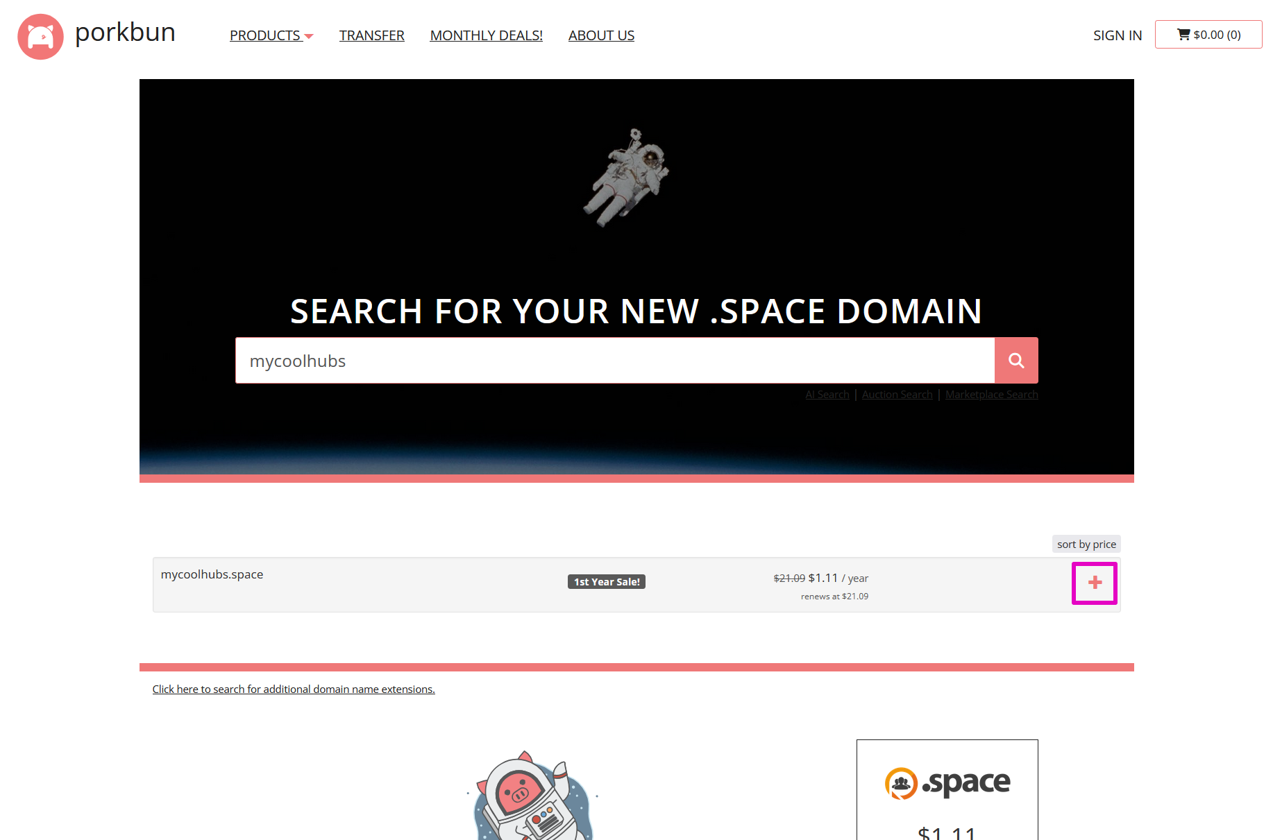 Capture of Porkbun, adding a selected domain to the shopping cart. In the middle right side of the page, a plus sign button is highlighted in purple.