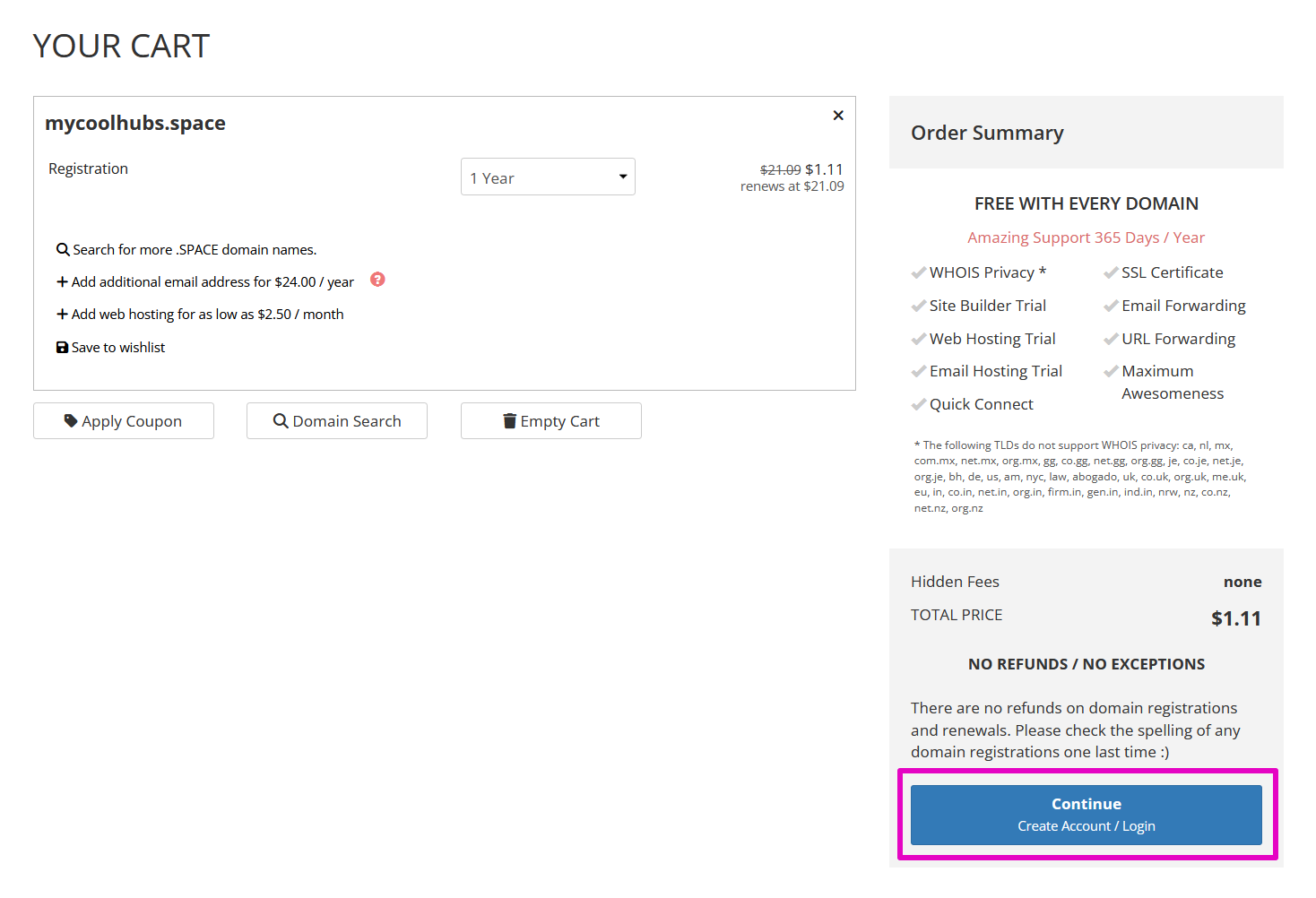 Capture of Porkbun, cart page with "Continue. Create Account/Login" button at the lower right highlighted in purple.