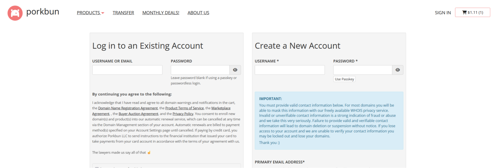 Capture of Porkbun, Create a New Account prompt on the right side of the page. Fields for Username and Password. See the Porkbun page for the IMPORTANT notice about giving valid information to Porkbun.