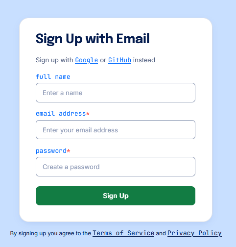 Capture of DigitalOcean Sign Up with Email prompt with fields for full name, email address, and password. Sign up green button is at bottom center of prompt.