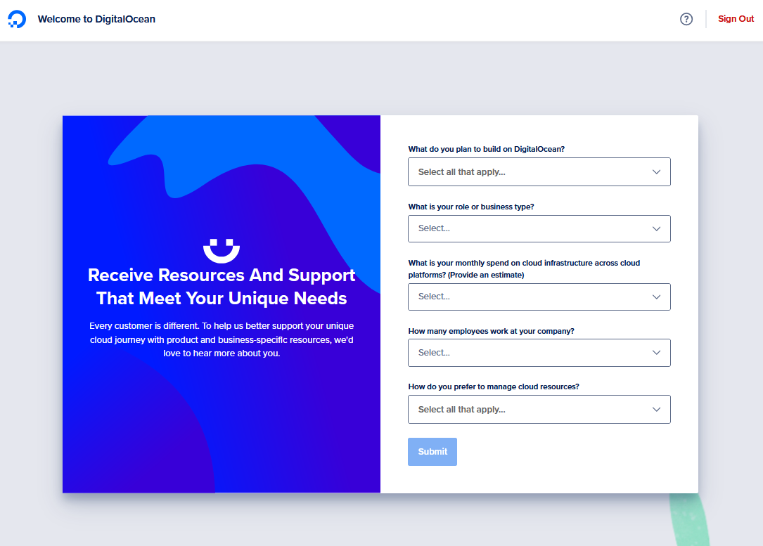 Capture of DigitalOcean demographic questions prompt.