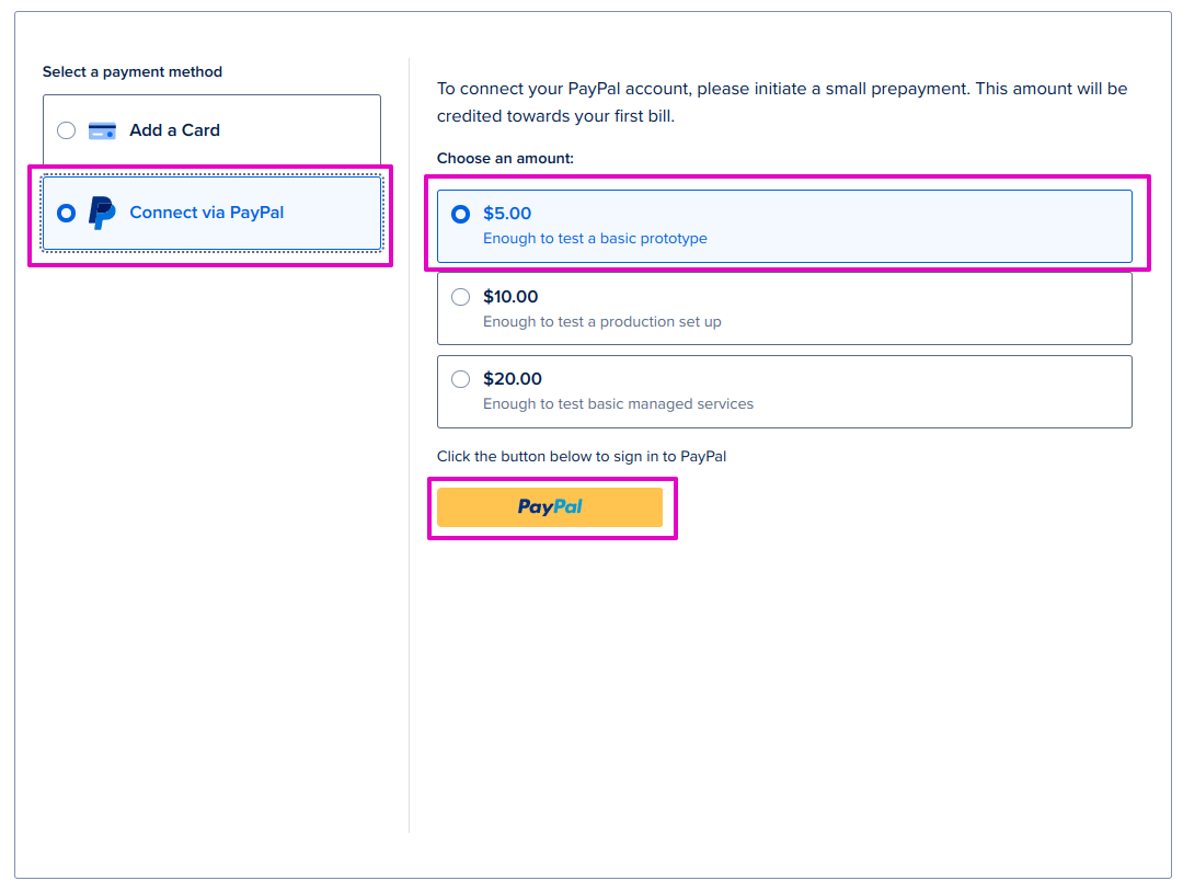 Capture of DigitalOcean Connect via PayPal example. Connect via PayPal on the left and $5.00 button  at the top center is highlighted in  purple.