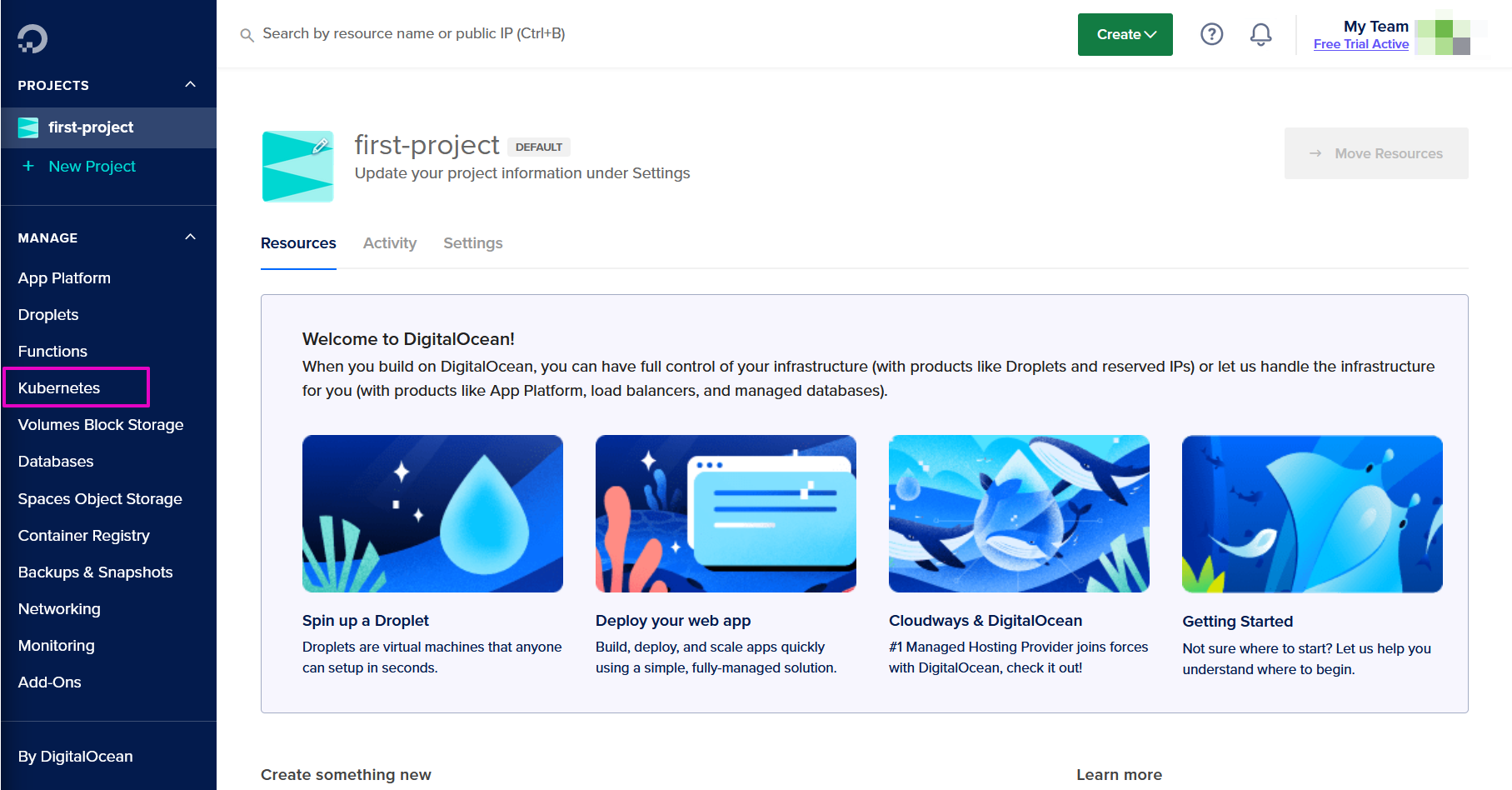 Capture of Welcome to DigitalOcean Explore our Control Panel page. Explore our Control panel choice is in center right of page highlighted in purple.