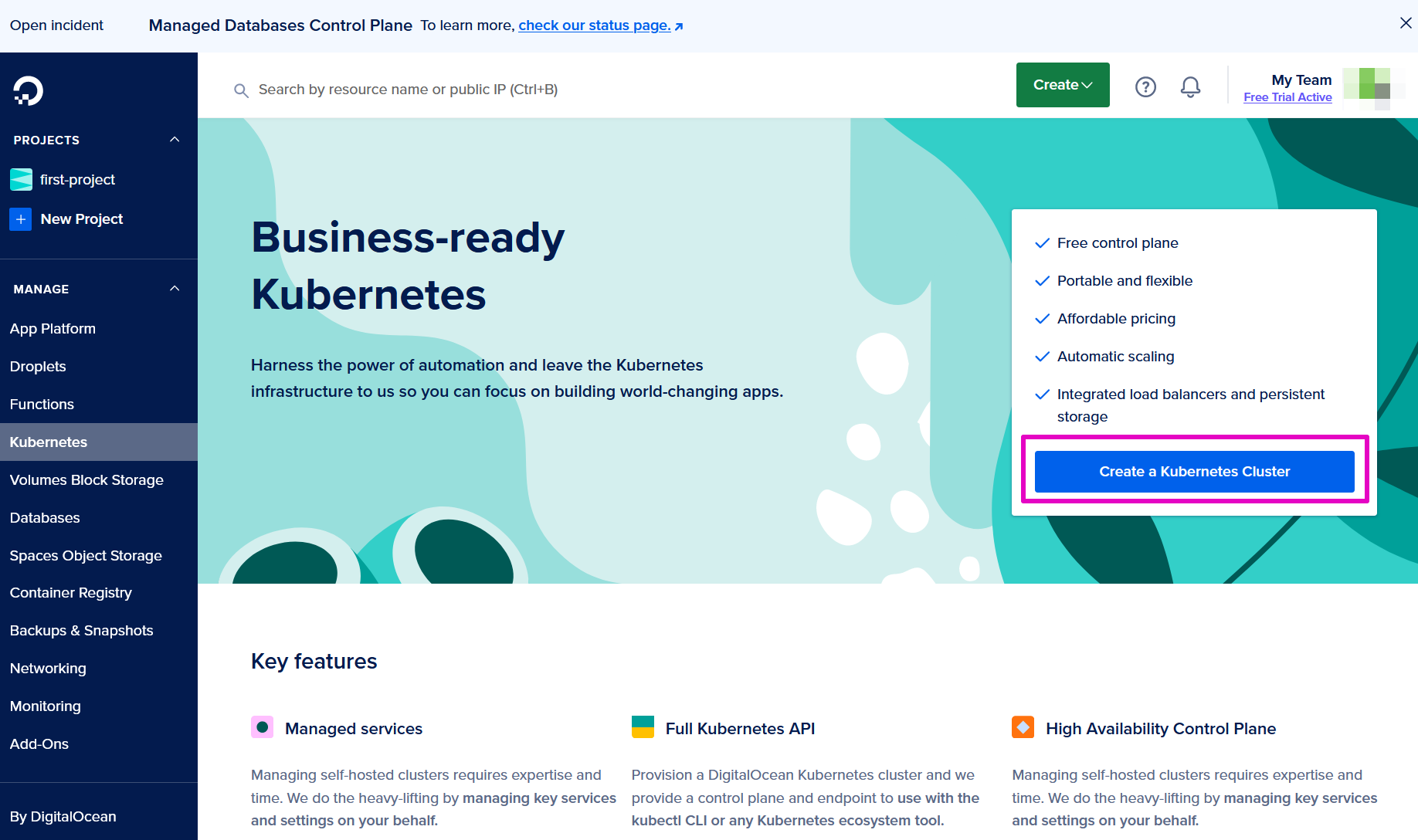 Capture of DigitalOcean, Kubernetes page. Create a Kubernetes Cluster blue button at middle right is highlighted with purple.