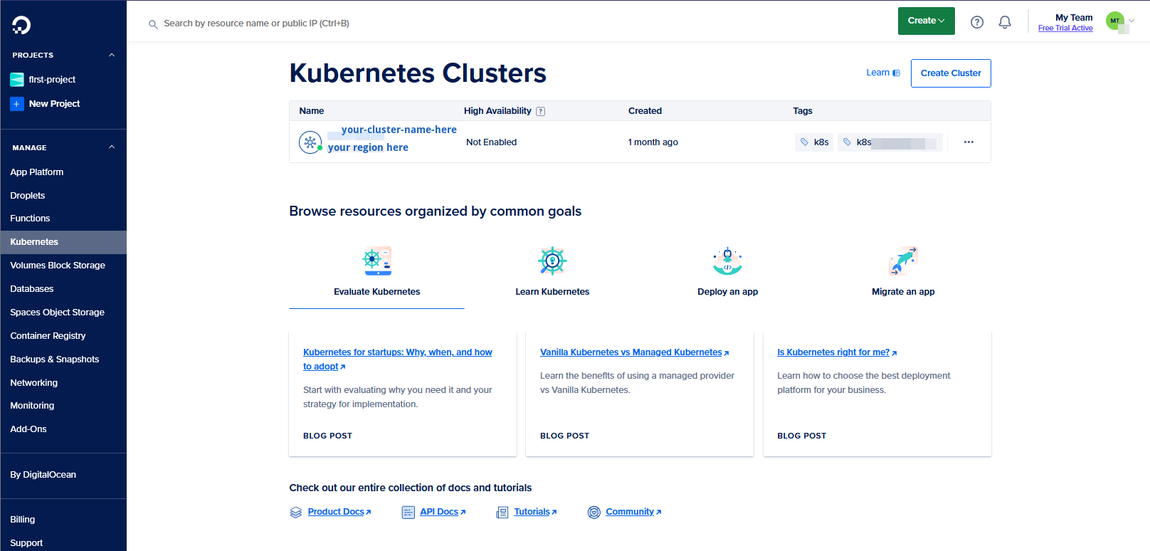 Capture of DigitalOcean, Kubernetes Clusters dashboard page. Example named cluster and region shown with Created time and tags.