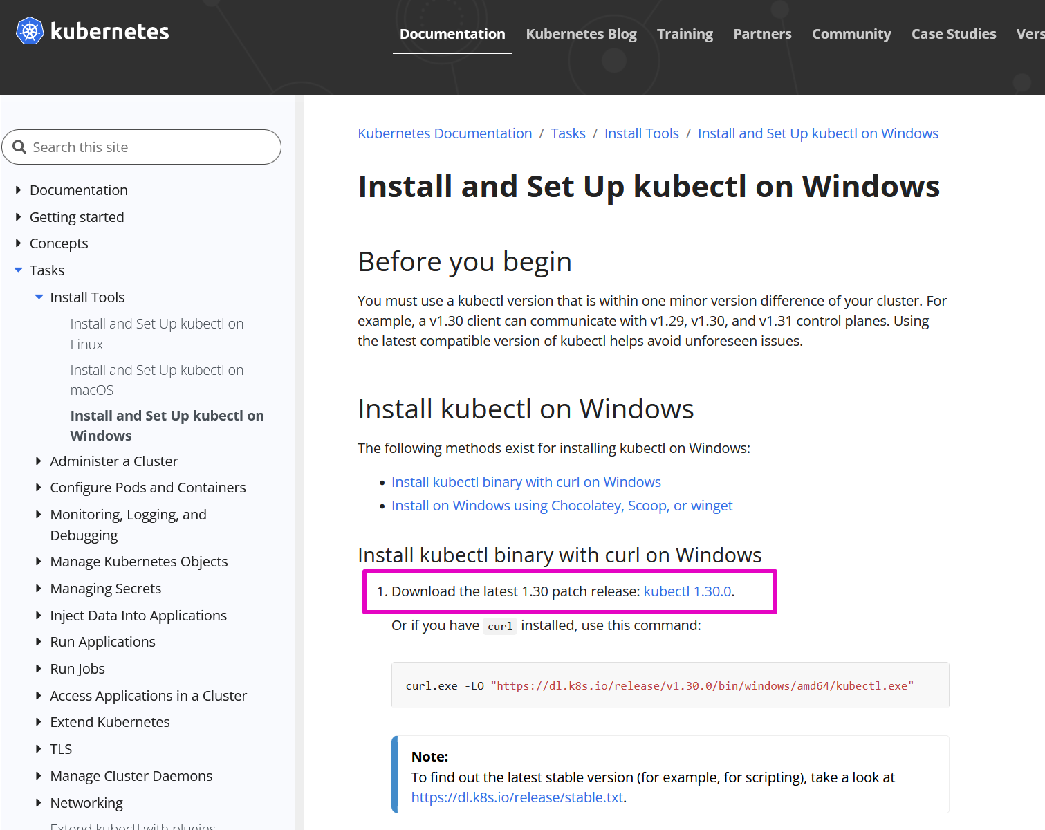 Capture of kubernetes.io page, Install and Set Up kubectl on Windows. Under Install kubectl binary with curl on Windows, "Download the latest 1.30 patch release: (link) kubectl 1.30.0 " highlighted with  purple.