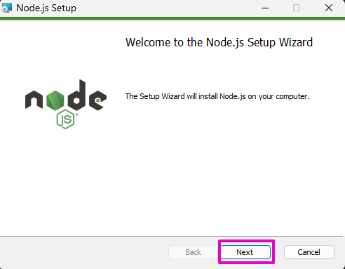 Capture of Node.js Setup window. "Next" button at bottom right is highlighted in purple.