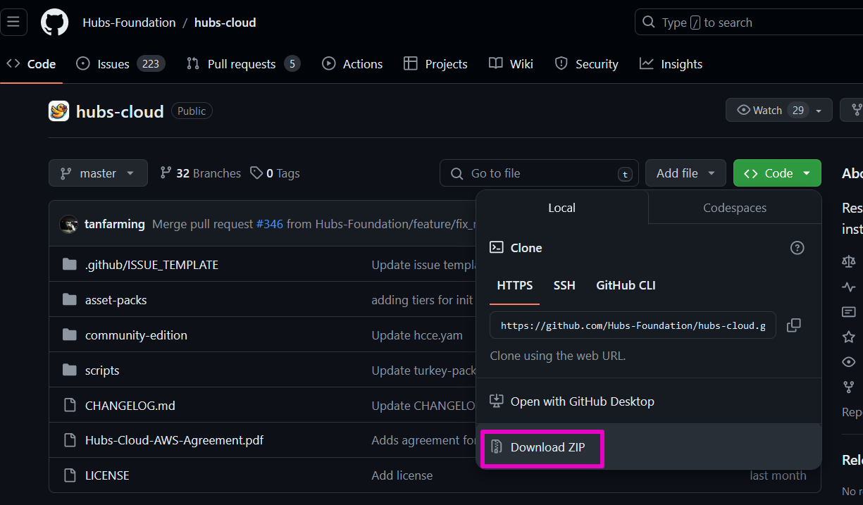 Capture at Github, Hubs Foundation, hubs-cloud repository. Drop down menu from Code: "Download ZIP" as the lowest choice from the top, highlighted in bright purple.