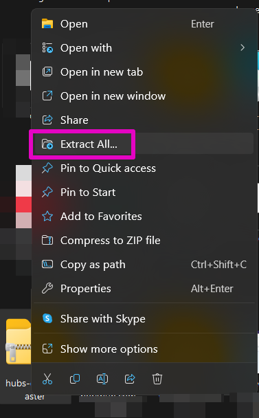 Capture of "Extract All..." choice from menu, 6th from the top, highlighted in purple.