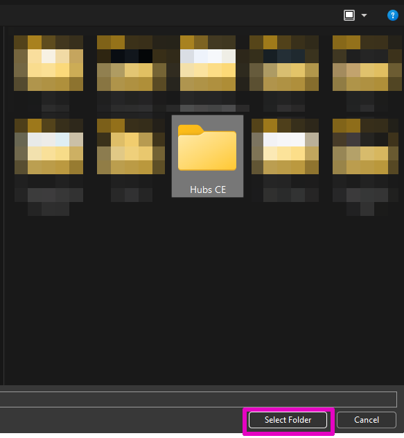 Capture of Hubs CE folder icon. "Select Folder" button at lower right is highlighted in purple.