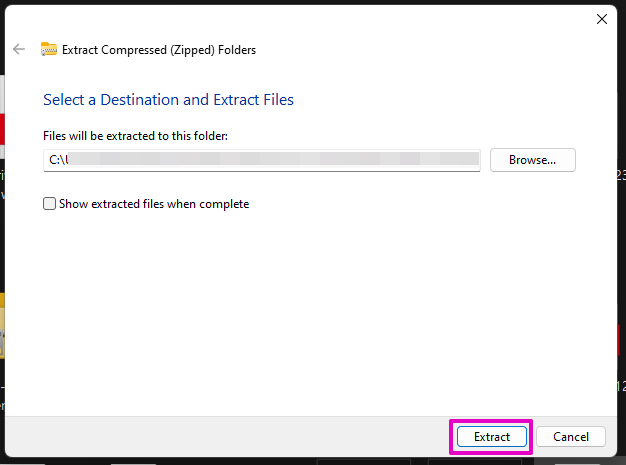Capture of Extract Compressed (Zipped) Folders prompt. "Extract" button at lower right highlighted with purple.