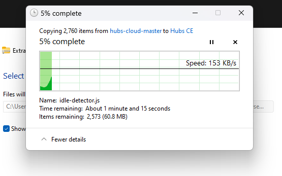 Capture of copying notification from hubs-cloud-master to Hubs CE showing progress. No interaction highlighted.