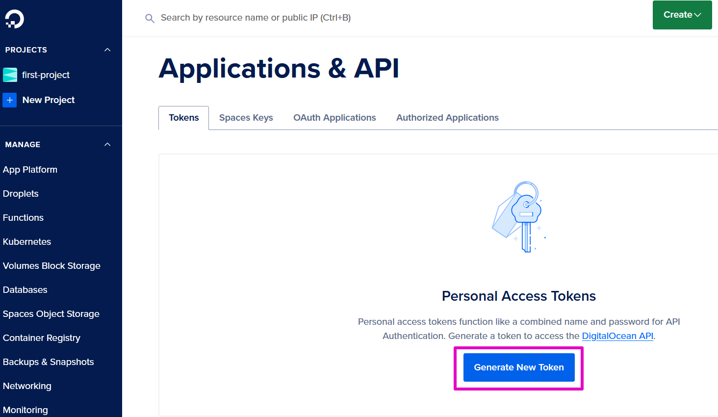 Capture of DigitalOcean, Applications & API page. "Generate New Token" blue button in center lower right of page highlighted in purple.