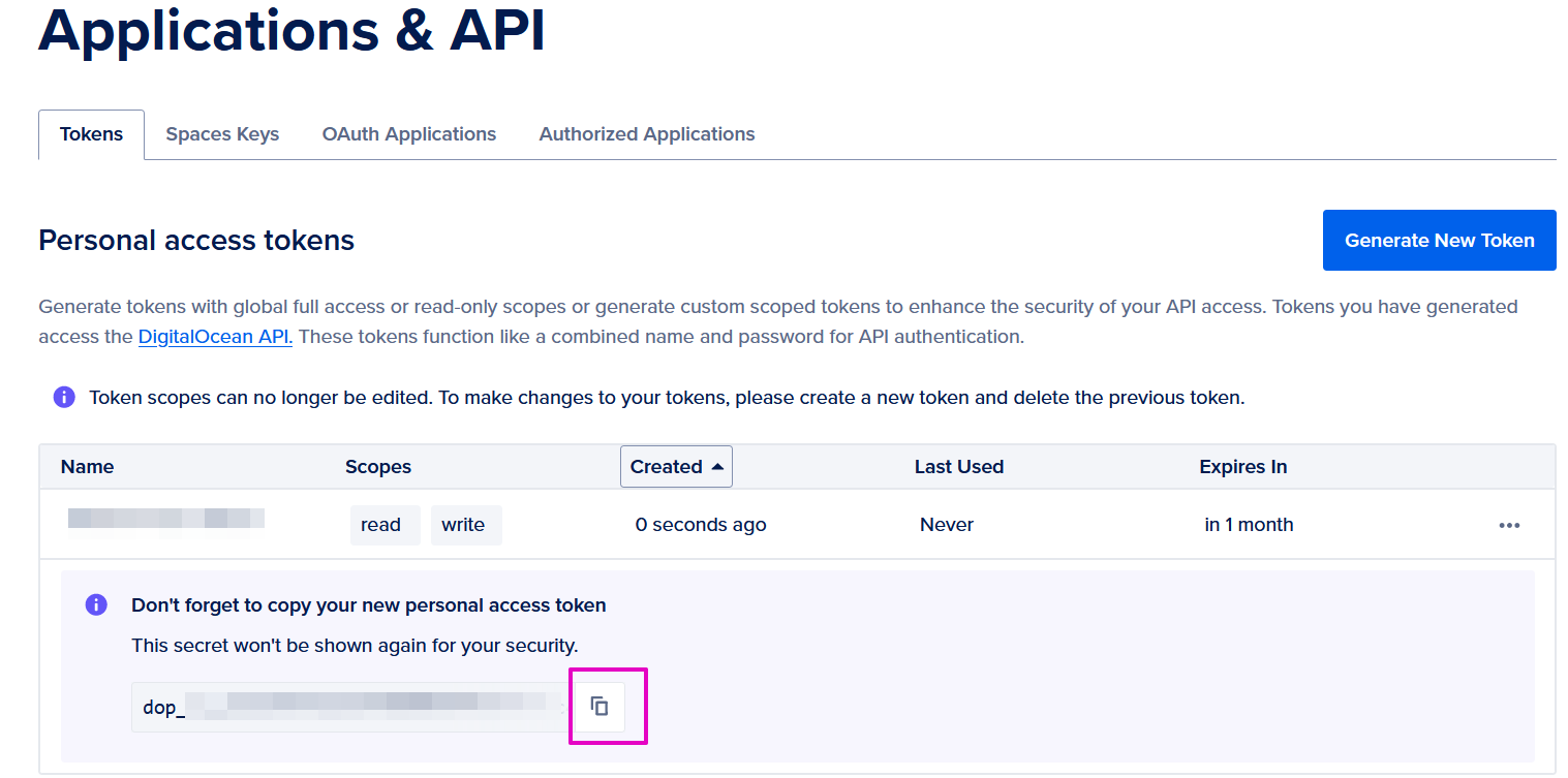 Capture of DigitalOcean Applications & API dashboard page. Token code is show under "Don't forget to copy your new personal access token". Copy icon is highlighted in purple.