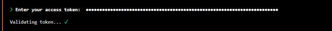 Capture of VS Code notification screen with text "Validating your token..." with a green check mark.