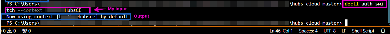 Capture of VS Code text: "doctl auth switch --context (blurred)" highlighted in purple.
