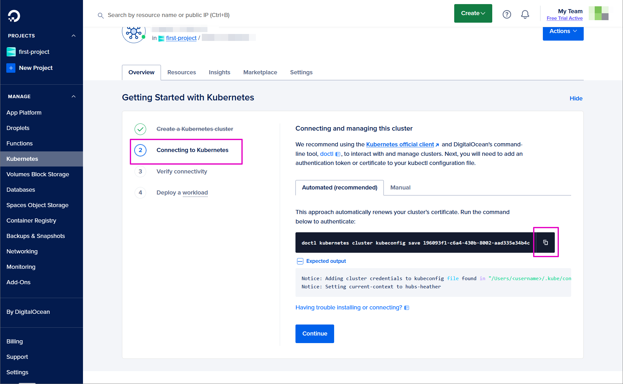 Capture from DigitalOcean, Getting Started with Kubernetes page. "2 Connecting to Kubernetes" at center left highlighted with purple. Copy icon in center right after "Run the command below to authenticate: doctl kubernetes cluster kubeconfig..." highlighted in purple.