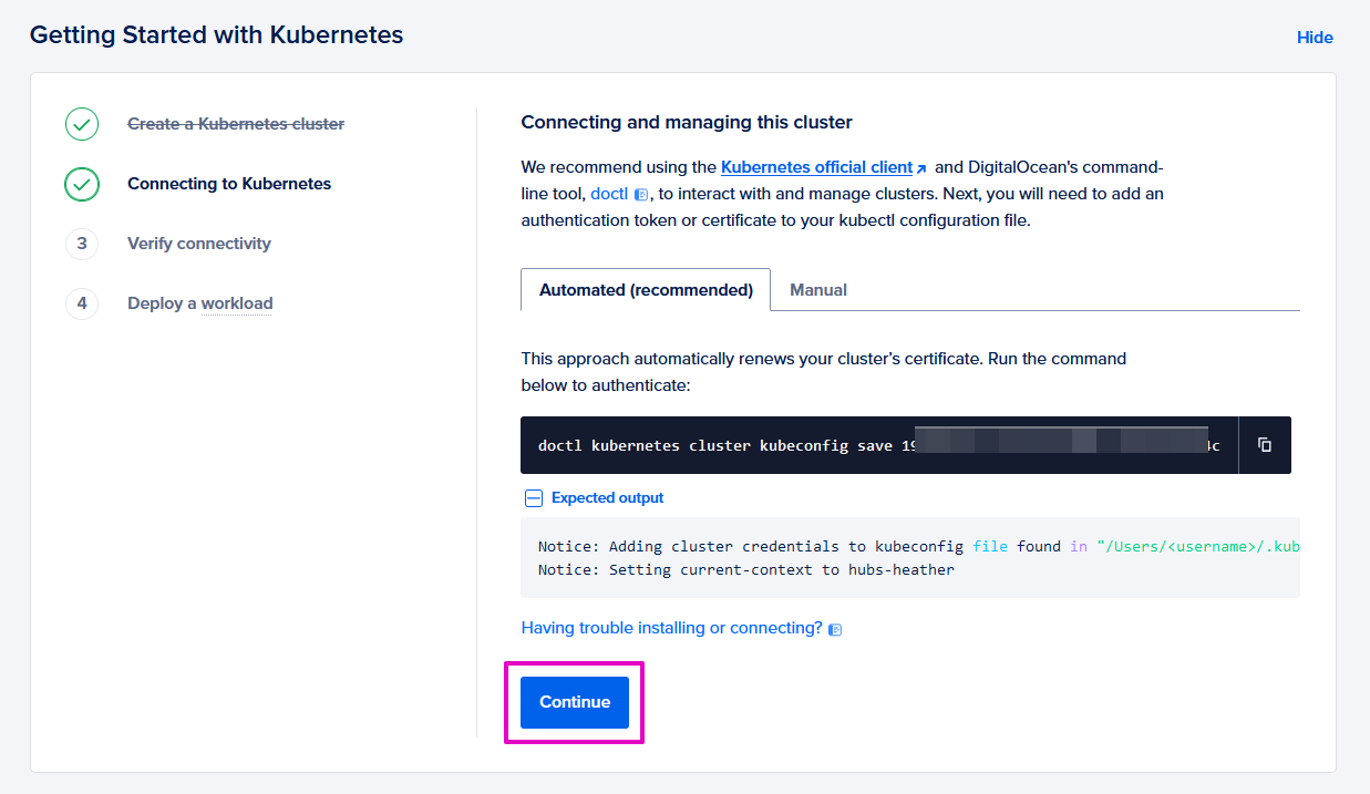 Capture from VS Code. Notification text:  "Notice: Adding cluster credentials to kubeconfig file found in (blurred). Notice: Setting current-context to (blurred)."
