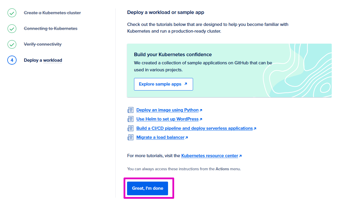 Capture from DigitalOcean, 4 Deploy a workload page. "Great, I'm done" blue button in bottom center of page highlighted in purple.