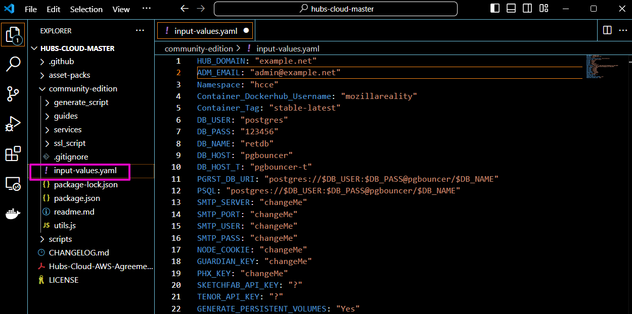 Capture of VS Code, "input values.yaml" file on left under "community-edition" highlighted in purple.