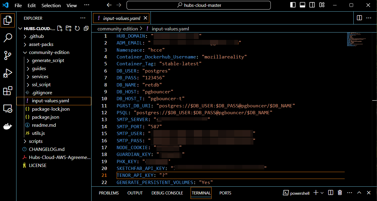 Capture from VS Code, input-values.yaml file. Example of filled in values, blurred in some lines.
