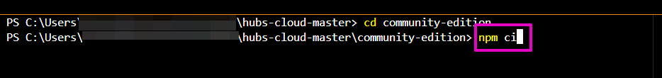 Capture from VS Code, terminal window. After hubs-cloud\community-edition> text: "npm ci" highlighted in purple.