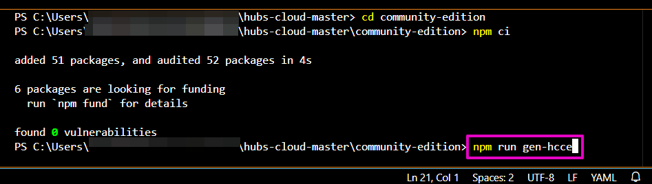 Capture from VS Code, terminal window. Text after community-edition, "npm run gen-hcce" highlighted in purple.