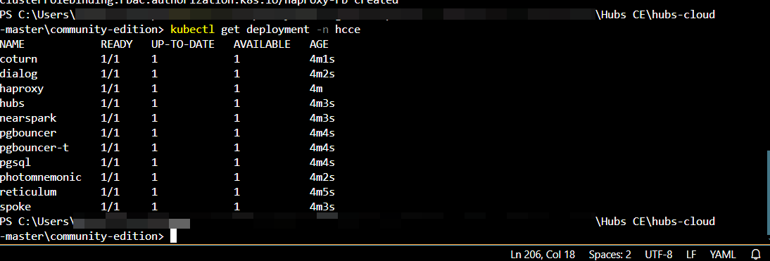 Capture from VS Code, terminal window. Text "kubectl get deployment -n hcce" entered. Result is a table of items with their READY, UP-TO-DATE, AVAILABLE, and AGE statuses. 