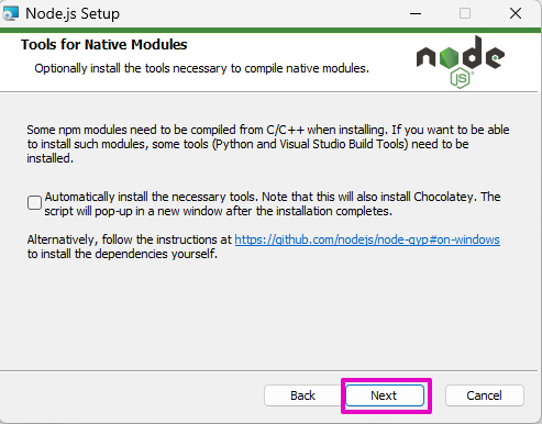 Capture of Node.js, Setup Tools for Native Modules. "Next" at the lower right highlighted in purple.