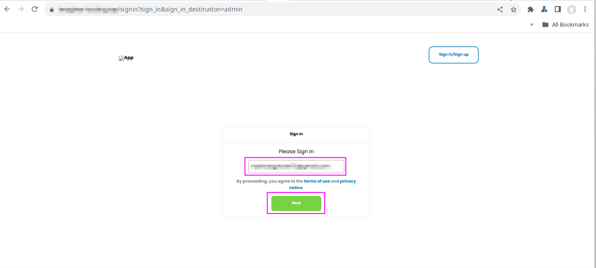 Capture from Firefox browser. Prompt to "Please sign in" with your  email and "Next" green button highlighted with purple.