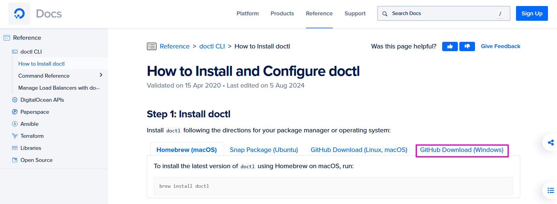 Capture of How to Install and Configure doctl page. "Github Download (Windows)" highlighted in purple.