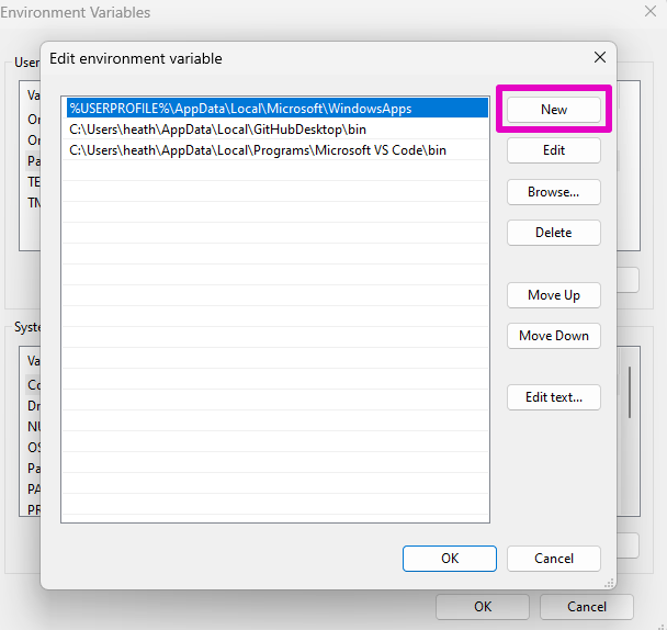 Capture of Edit environment variable popup. "New" button is highlighted in purple.