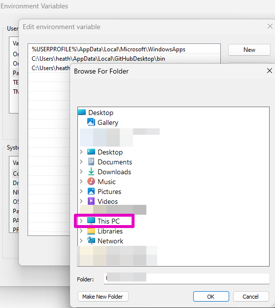 Capture of Browse For Folder popup. "This PC" is highlighted in purple.