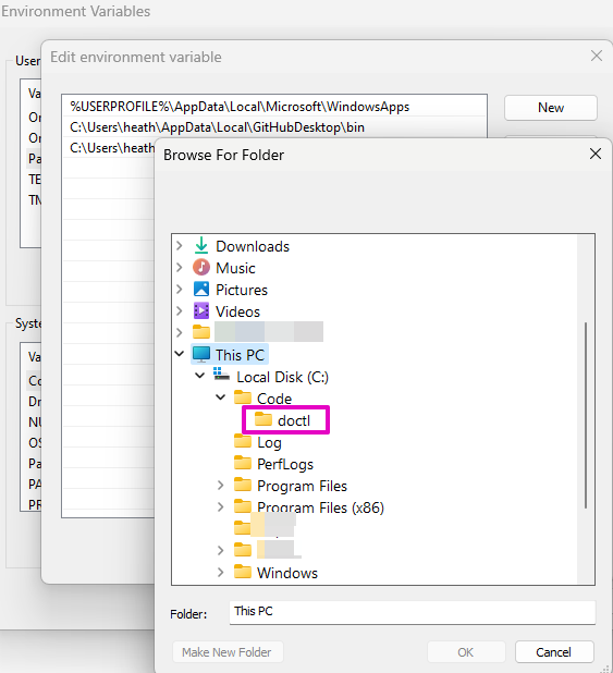 Capture of Browse For Folder, This PC, Local Disk (C:), Code popup. "doctl" is highlighted in purple.